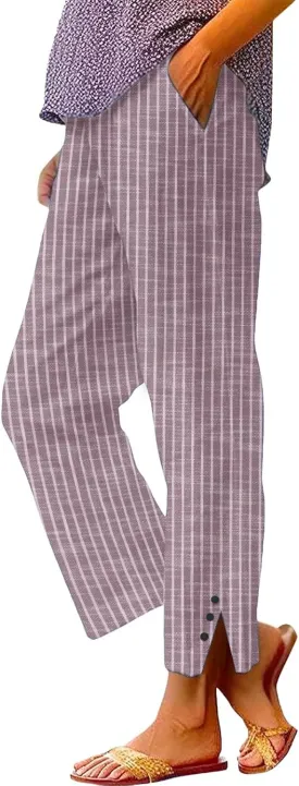 Striped Linen Pants for Women Summer Casual Beach Capris High Waisted Light Weight Gauze Vacation Pinstripe Trousers