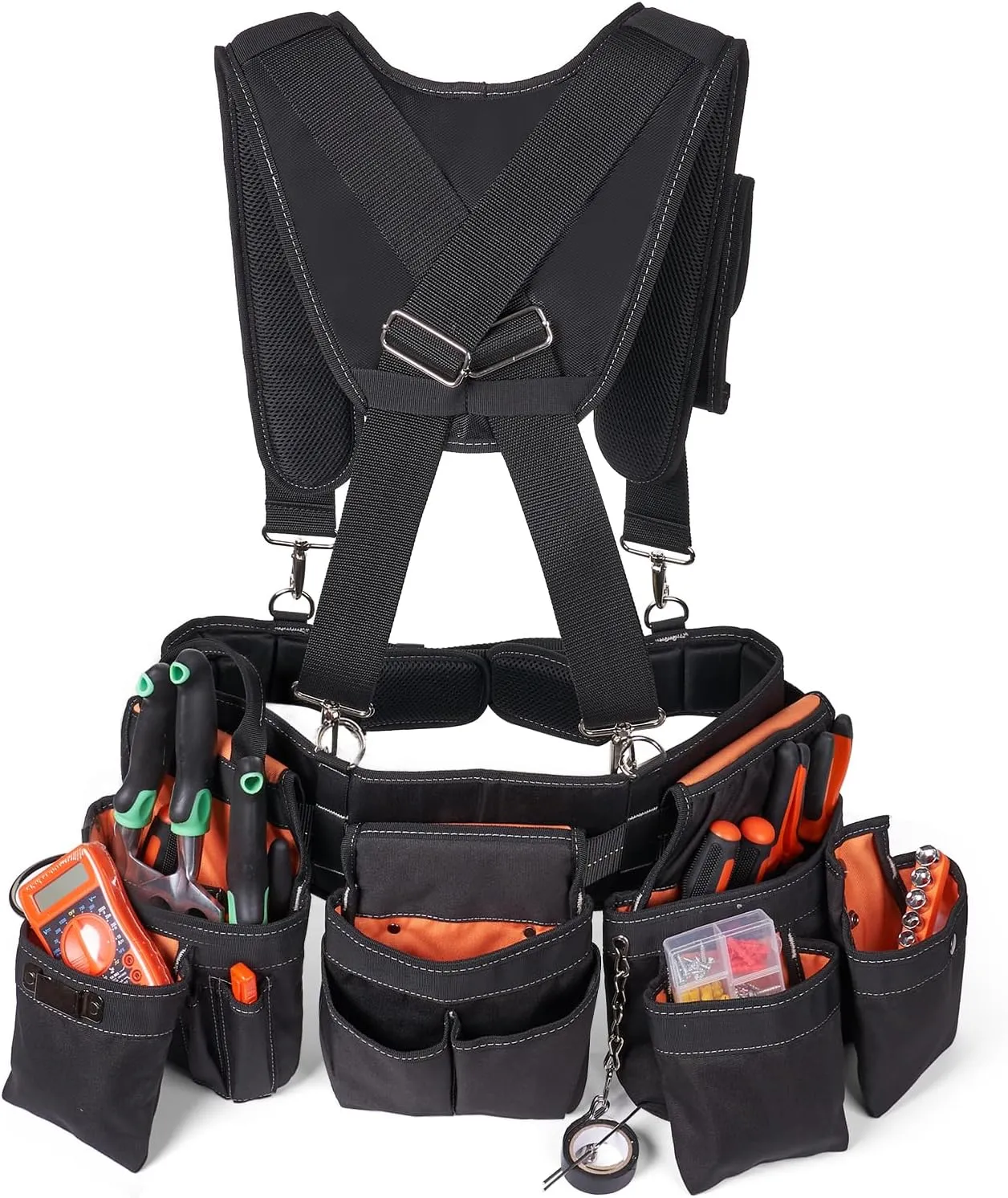 Tool Belt With Suspenders - Tool Belts for Men, 22 Pockets Tool Belt, Heavy Duty Tool Organizer for Framers Carpenter Electrician Construction Woodworker Orange