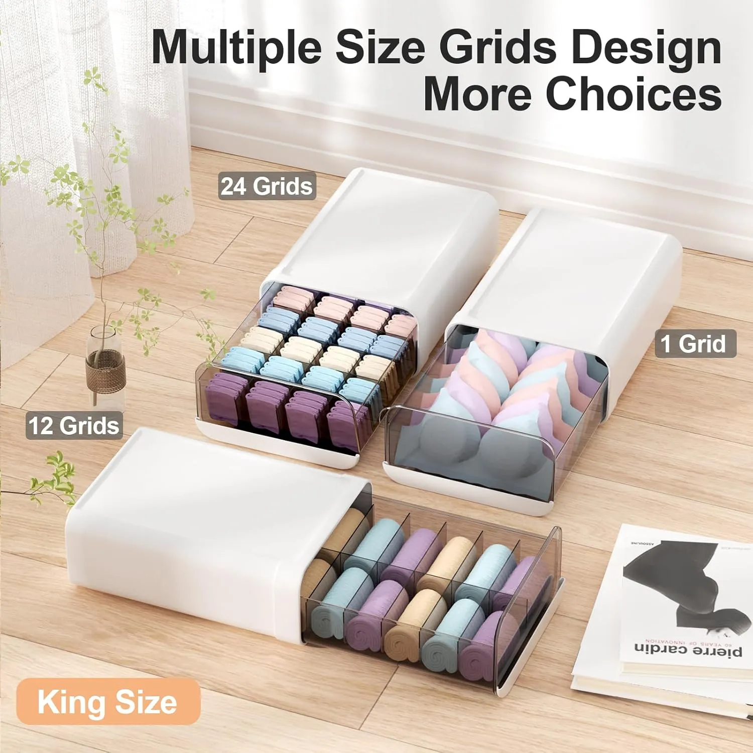 Underwear Organizer Drawer, 1 Cell Plastic Sock Underwear Storage Drawer, Stackable Closet Organizers and Storage Box for Bras, Socks, Scarves, Ties, Belt (King Size-White, 1 Pcs)