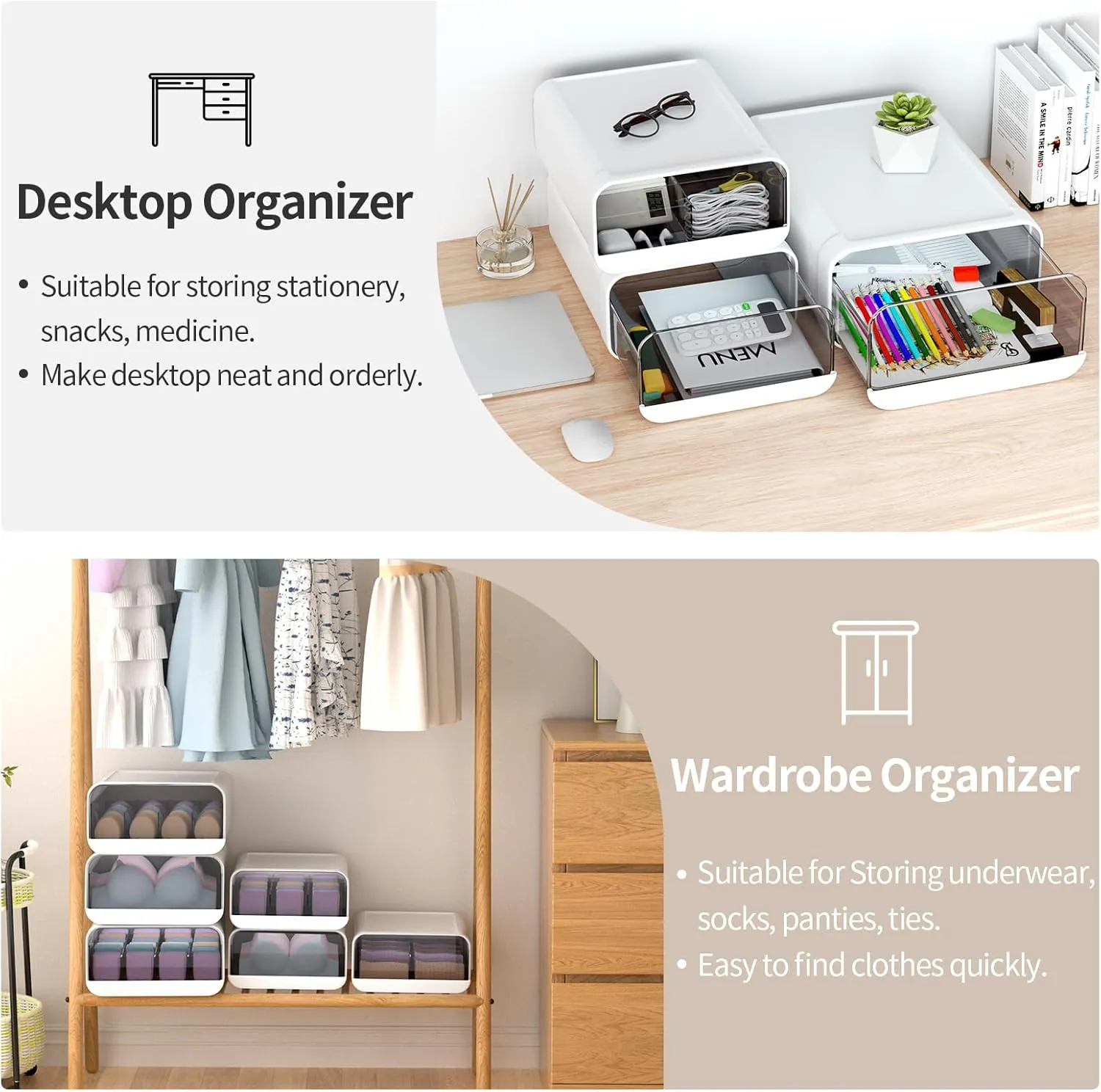 Underwear Organizer Drawer, 1 Cell Plastic Sock Underwear Storage Drawer, Stackable Closet Organizers and Storage Box for Bras, Socks, Scarves, Ties, Belt (King Size-White, 1 Pcs)