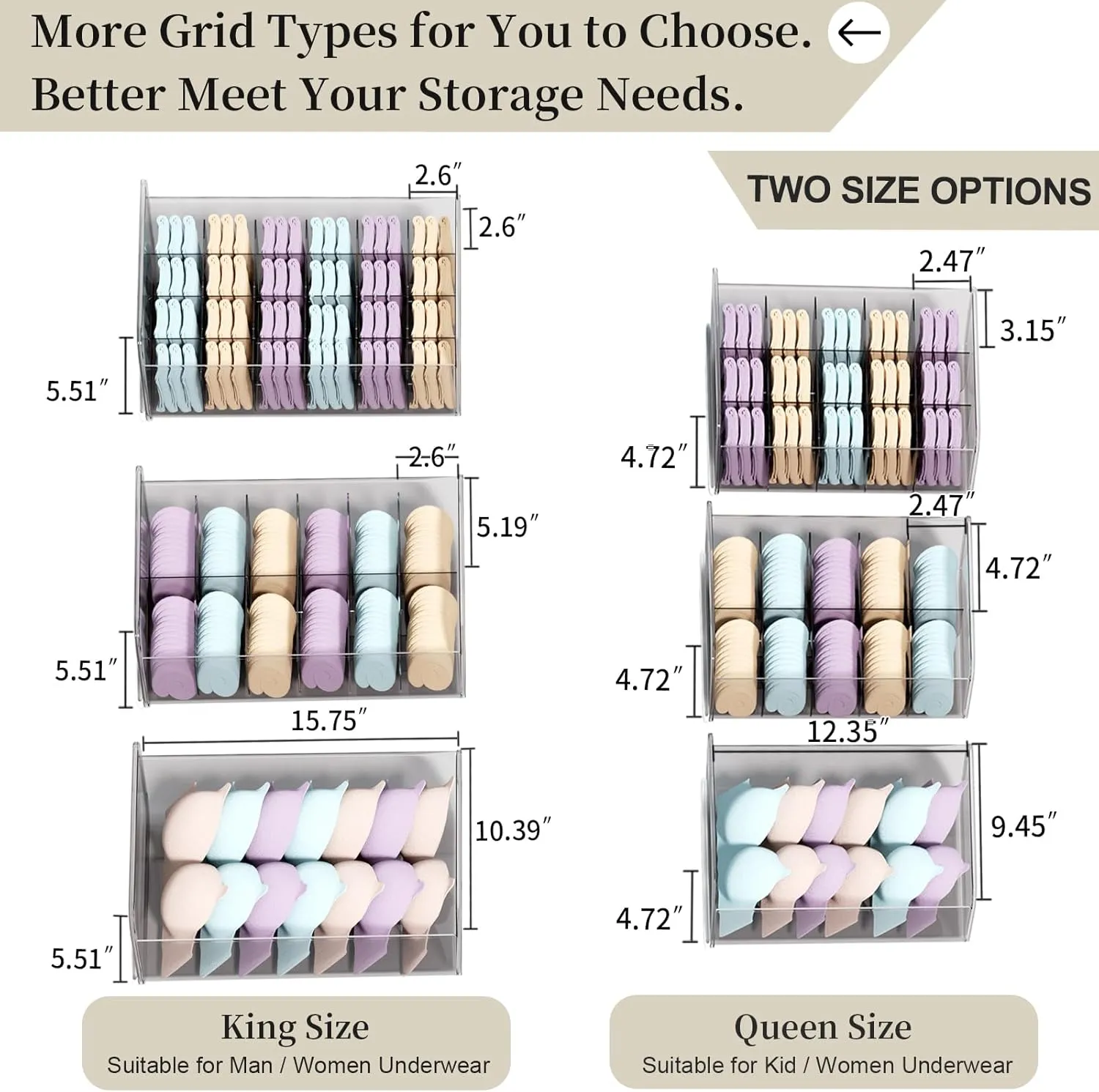 Underwear Organizer Drawer, 1 Cell Plastic Sock Underwear Storage Drawer, Stackable Closet Organizers and Storage Box for Bras, Socks, Scarves, Ties, Belt (King Size-White, 1 Pcs)