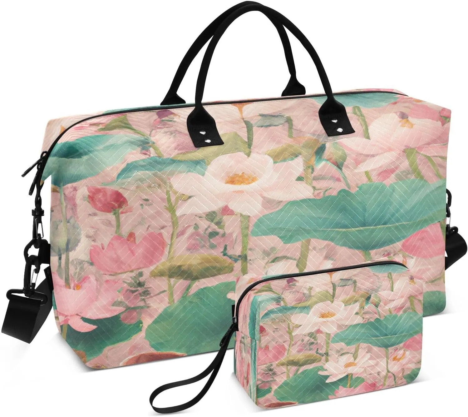 Watercolor Lotus Pond Travel Duffel Bag, Shoulder Weekender Overnight Bags - Large Gym Bag with Wet Pocket