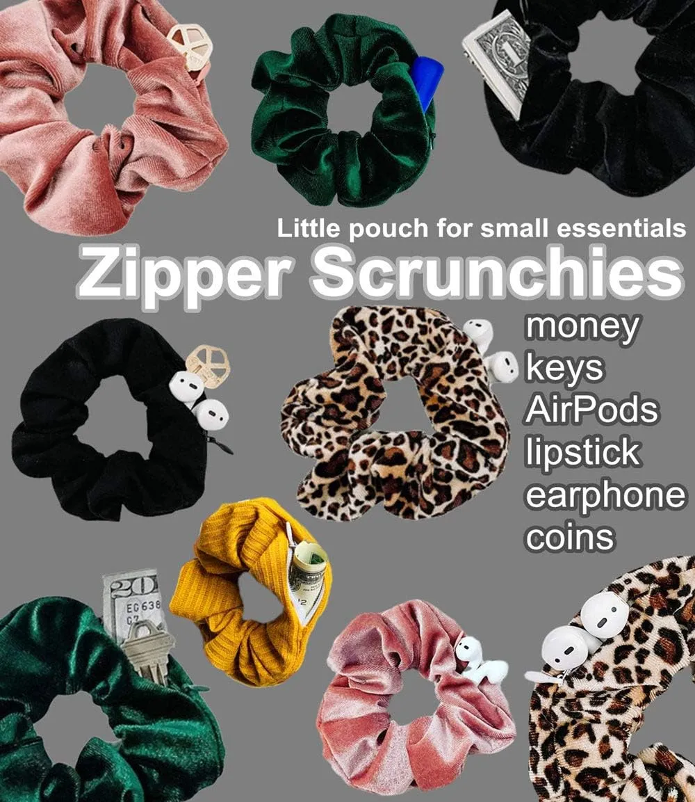 Zipper Scrunchies, Pocket Scrunchie, SECRET & HIDDEN, Velvet Hair Ties Bracelet, Compatible with Apple AirPods 3&2&1, Key Money Chapstick Storage Bag, Elastics Hair Band (Simple Black)