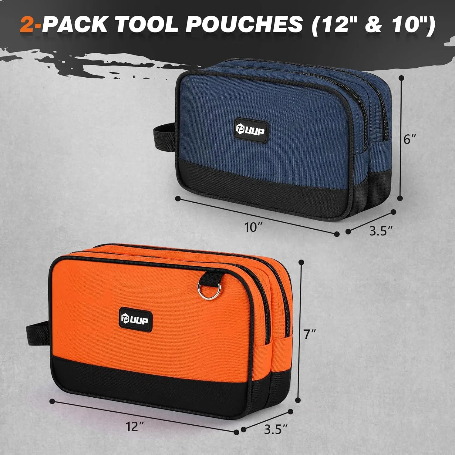 Zipper Tool Pouch 2 Pack, Two Compartments Small Tool Bag, 10 12 inch Utility ToolBag with Carrying Handle, Tools Storage Organizer for Electrician Mechanic, Dad Mens Gifts, Orange/Blue