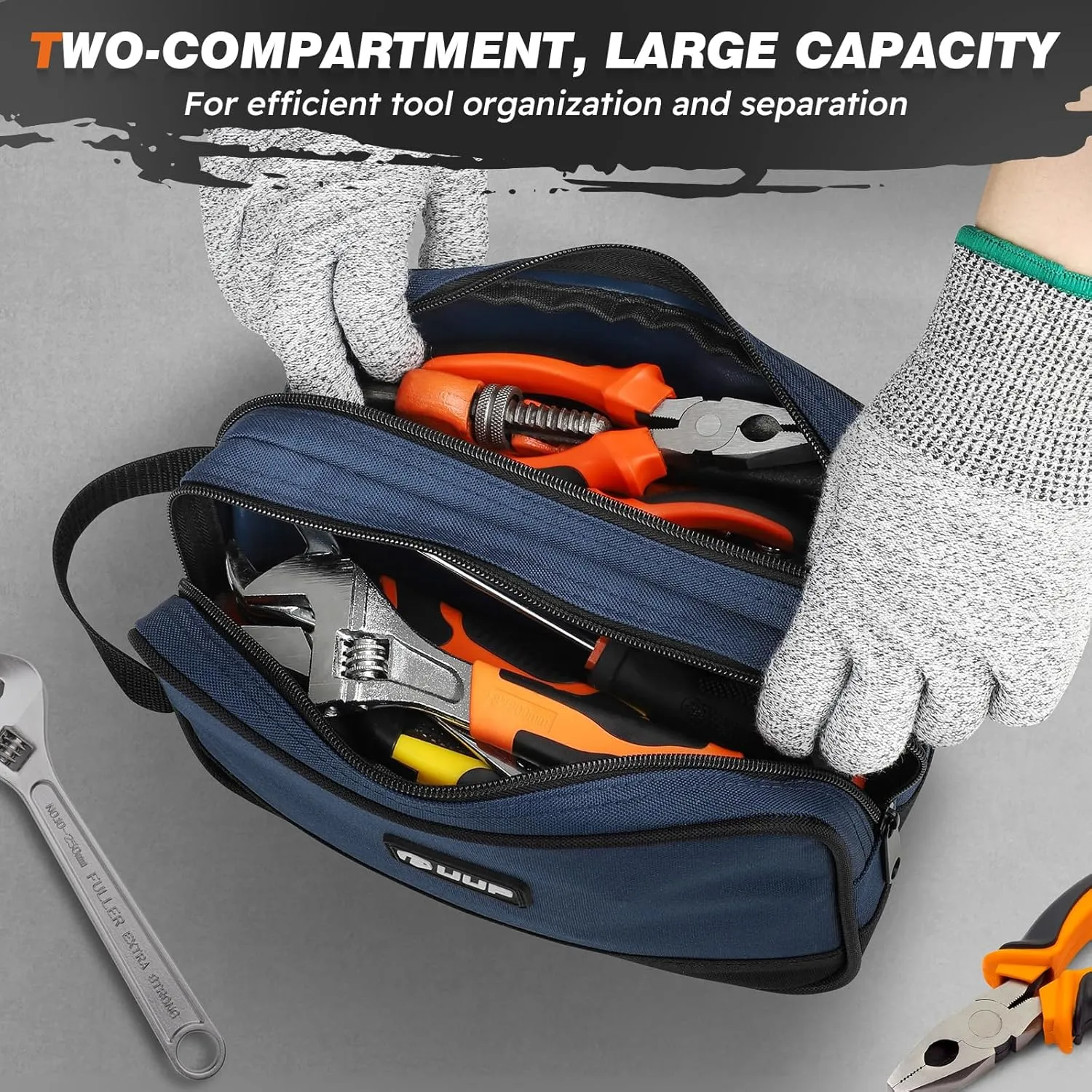 Zipper Tool Pouch 2 Pack, Two Compartments Small Tool Bag, 10 12 inch Utility ToolBag with Carrying Handle, Tools Storage Organizer for Electrician Mechanic, Dad Mens Gifts, Orange/Blue