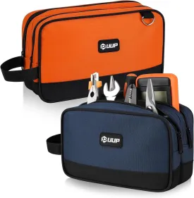 Zipper Tool Pouch 2 Pack, Two Compartments Small Tool Bag, 10 12 inch Utility ToolBag with Carrying Handle, Tools Storage Organizer for Electrician Mechanic, Dad Mens Gifts, Orange/Blue