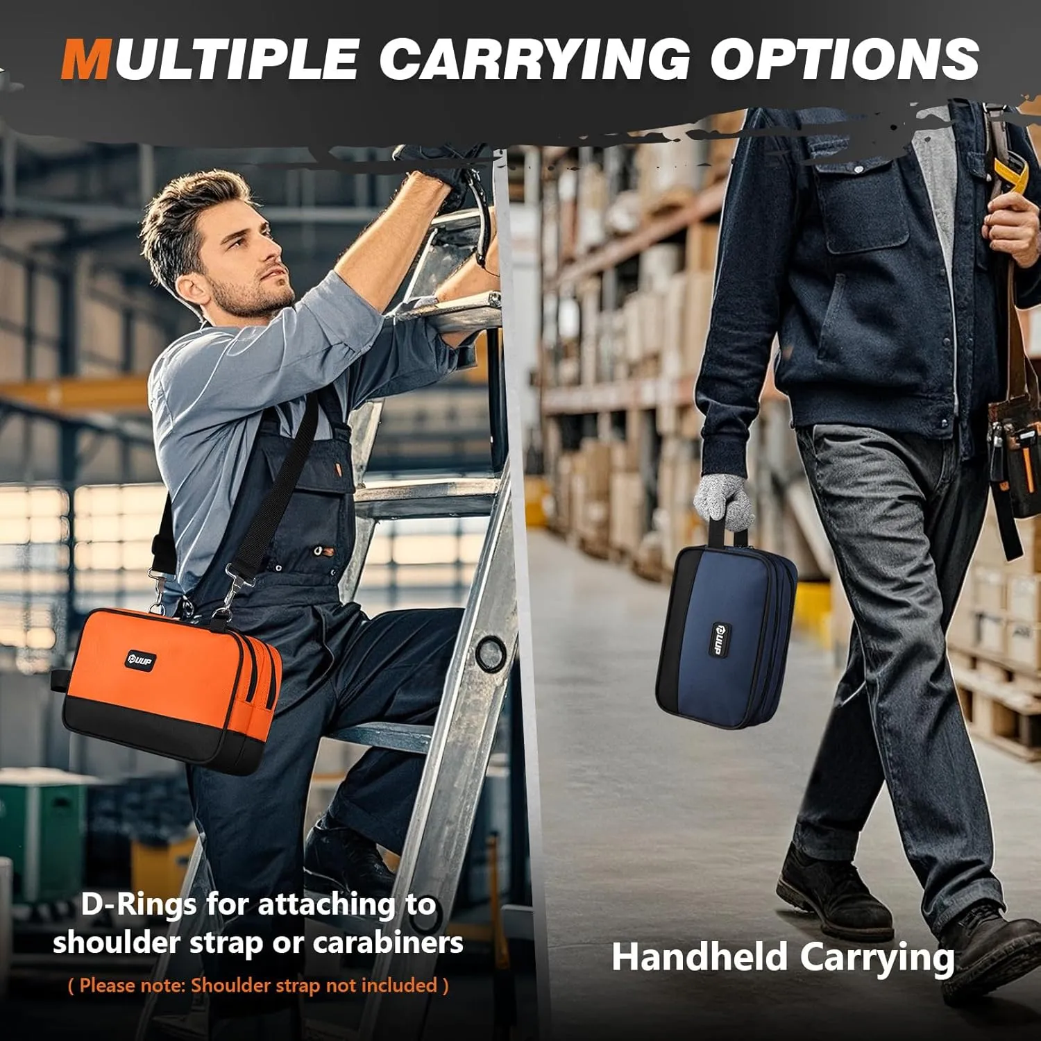 Zipper Tool Pouch 2 Pack, Two Compartments Small Tool Bag, 10 12 inch Utility ToolBag with Carrying Handle, Tools Storage Organizer for Electrician Mechanic, Dad Mens Gifts, Orange/Blue